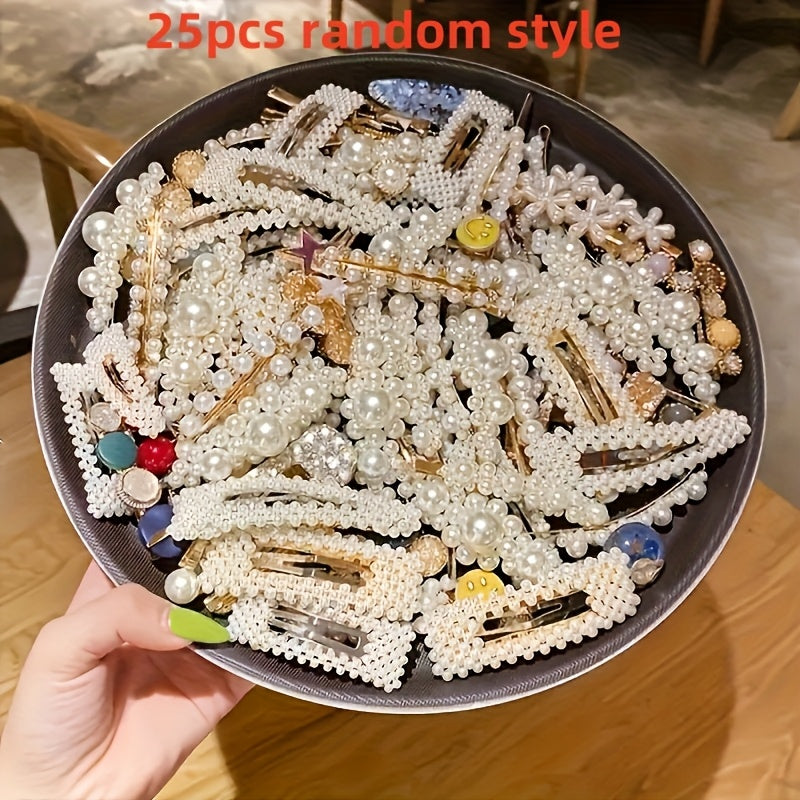 [Elegant Hairpins] 25pcs Elegant Pearl Hairpins & Barrettes | French-Inspired Side Tassel Pins, Plastic Duckbill Clips, Stylish Accessory for Girls, Casual & Formal Occasions