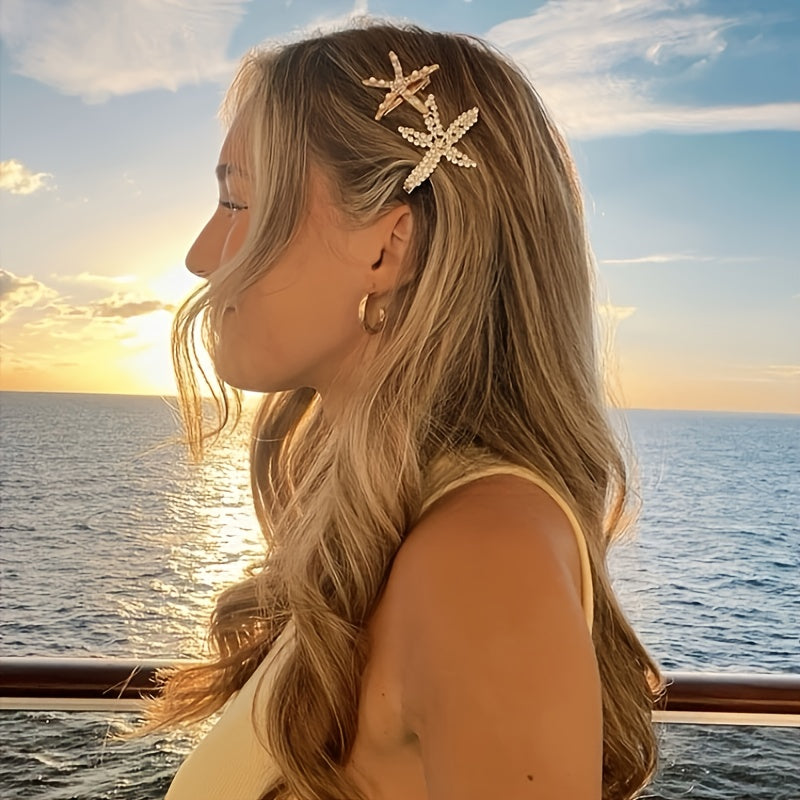 [2pcs Pearl Hair Clip] 2pcs Elegant Imitation Pearl Starfish Hair Clip Combination | Suitable for Weddings, Dates, Vacations, Daily Wear, Women's Hair Accessorie