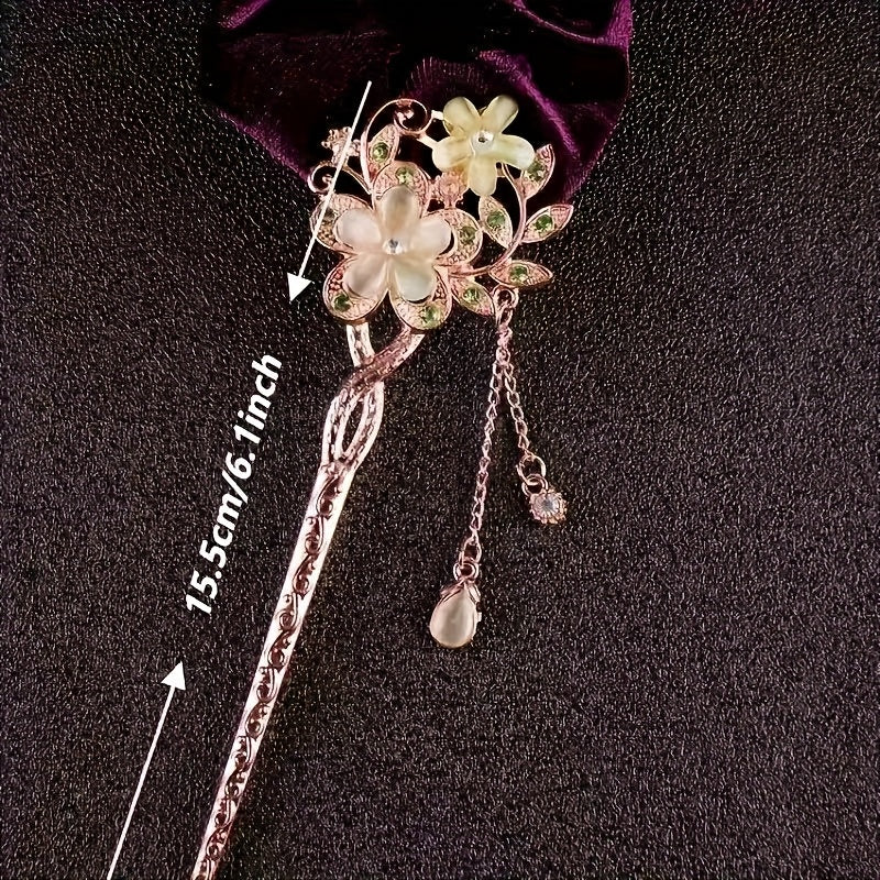 5pcs New Chinese Hairpin Step-Shaking Cat'S Eye Stone Twin Flower Classical Hairpin Bun Hair Ethnic Style Headdress - Suitable for Daily Travel, Holiday Dressing, Prom, Sending to Family And Girlfriends - Available in 4 Seasons