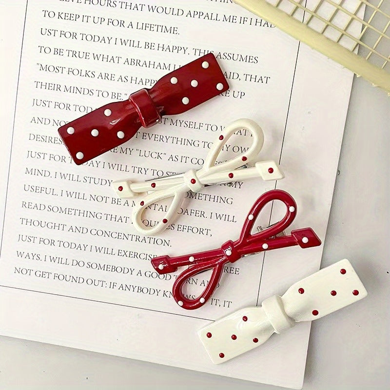 24pcs Assorted Colors Red, White, and Beige Polka Dot Bow Hair Clips - Vintage Style Plastic Barrettes for Styling and Fashion, Hair Accessories