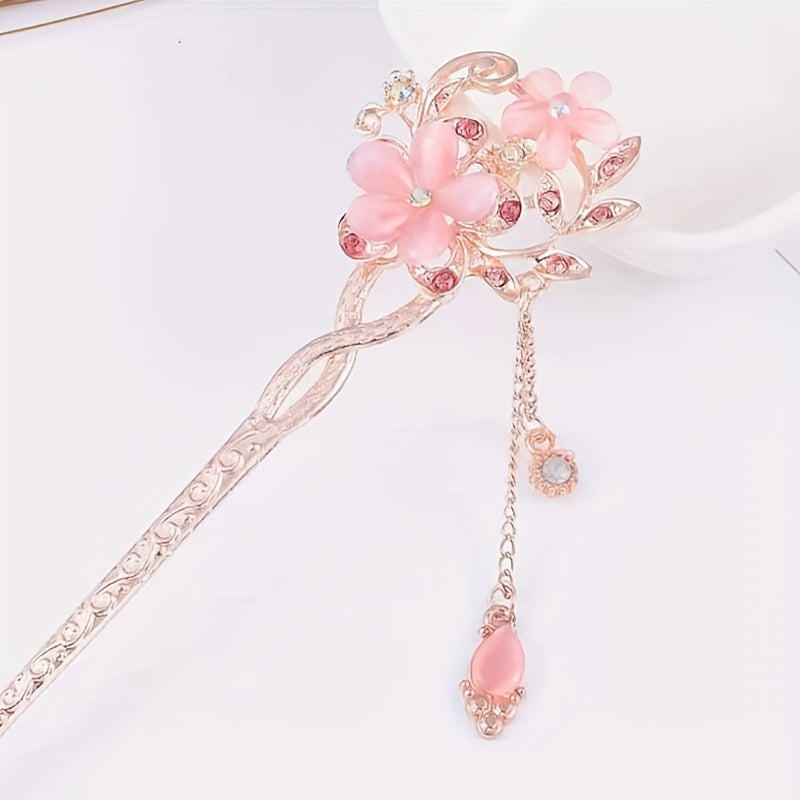 5pcs New Chinese Hairpin Step-Shaking Cat'S Eye Stone Twin Flower Classical Hairpin Bun Hair Ethnic Style Headdress - Suitable for Daily Travel, Holiday Dressing, Prom, Sending to Family And Girlfriends - Available in 4 Seasons