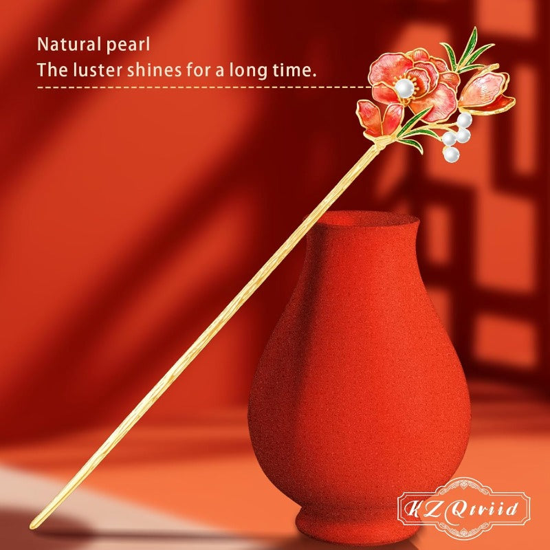 Jewelry-Grade Dunhuang Floral Hair Stick - Dual-Purpose Chinese Hair Clip & Chopsticks with Red Floral, Golden, Wedding & Everyday Hairstyle, Elegant Bridal or Personal Accessory Gift for Women
