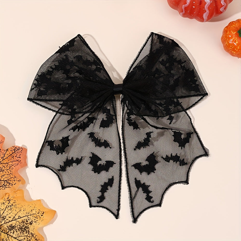 3 Pairs Halloween Bat Silhouette Hair Clips - Gothic Lace Polyester Hairpins with Black Bows, Exaggerated Design for Women &, Perfect for Cosplay, Costume Parties & Casual Attire, Festive Hair Accessories for Halloween, Halloween Costume, Gothic Style,