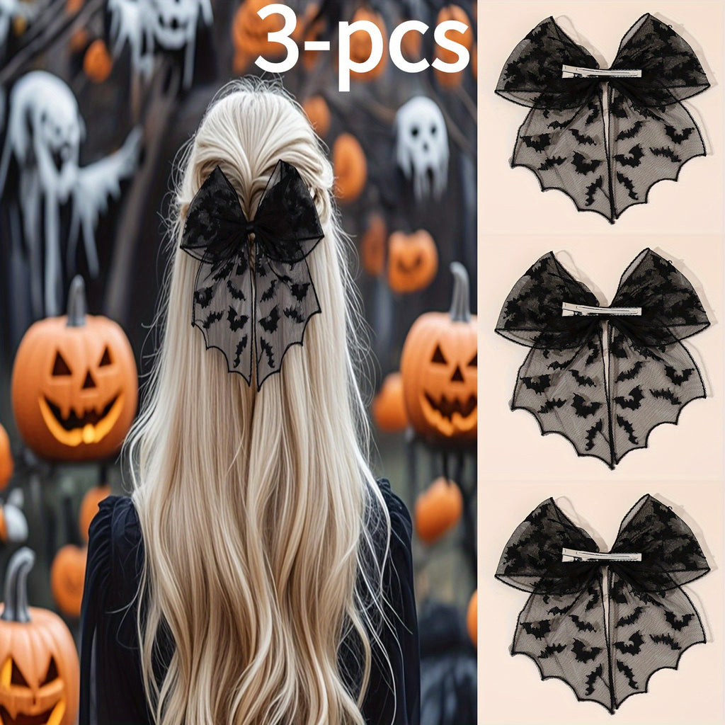 3 Pairs Halloween Bat Silhouette Hair Clips - Gothic Lace Polyester Hairpins with Black Bows, Exaggerated Design for Women &, Perfect for Cosplay, Costume Parties & Casual Attire, Festive Hair Accessories for Halloween, Halloween Costume, Gothic Style,