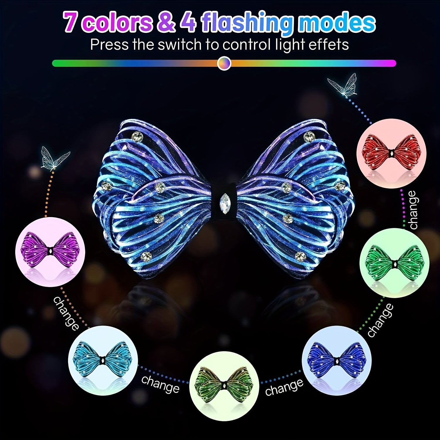 Bow Hair Clips 7 Colors Light up Hair Accessories Rhinestone Rave Clips Cute Headpiece Hair Barrettes for Women, Fancy Hair Clips, Hair Clips for Women Thin Hair, Hair Clips Accessories Tool, Hair Clip Women, Long Hair Accessories, Hair Styling Tools,