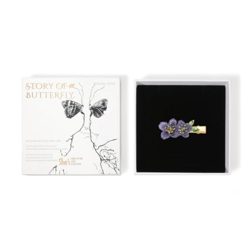 Handmade Vintage Floral Hair Clip for Women - Double Forget-Me-Not Flower Embroidery with Golden & Purple Gradient, Large Statement Hairpin, Secure Claw Clip Mechanism, Elegant Gift Box Included (Ideal for Everyday & Special Occasions) - Durable &