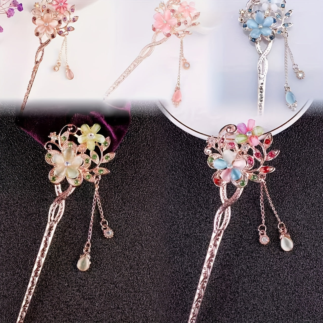 5pcs New Chinese Hairpin Step-Shaking Cat'S Eye Stone Twin Flower Classical Hairpin Bun Hair Ethnic Style Headdress - Suitable for Daily Travel, Holiday Dressing, Prom, Sending to Family And Girlfriends - Available in 4 Seasons