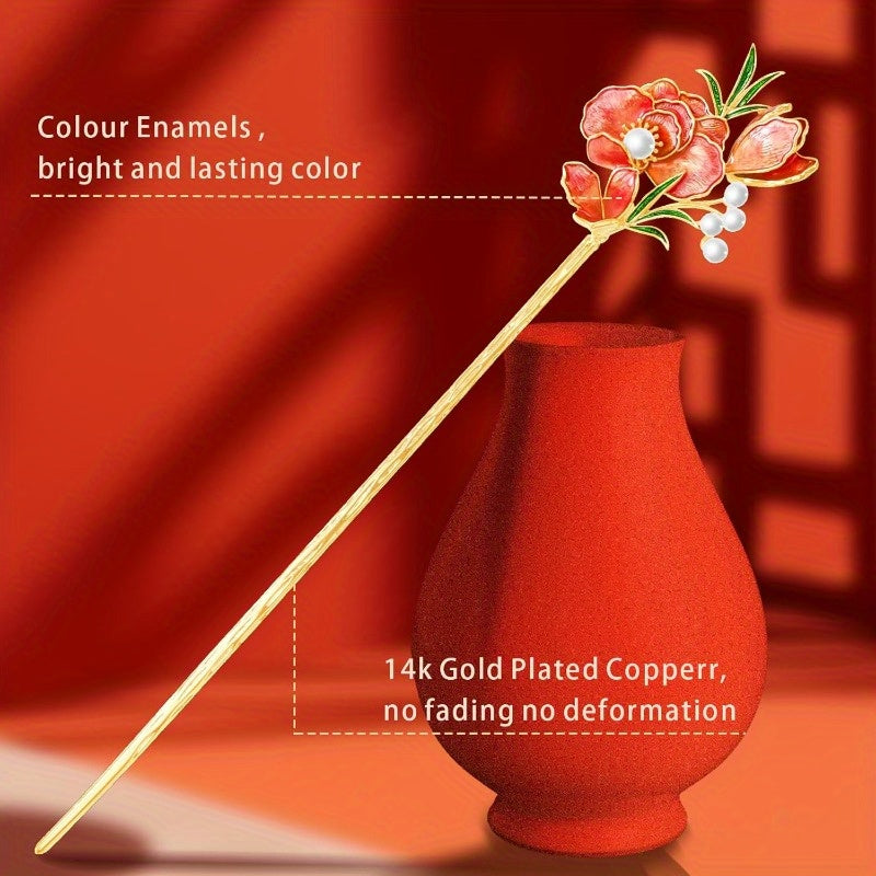 Jewelry-Grade Dunhuang Floral Hair Stick - Dual-Purpose Chinese Hair Clip & Chopsticks with Red Floral, Golden, Wedding & Everyday Hairstyle, Elegant Bridal or Personal Accessory Gift for Women