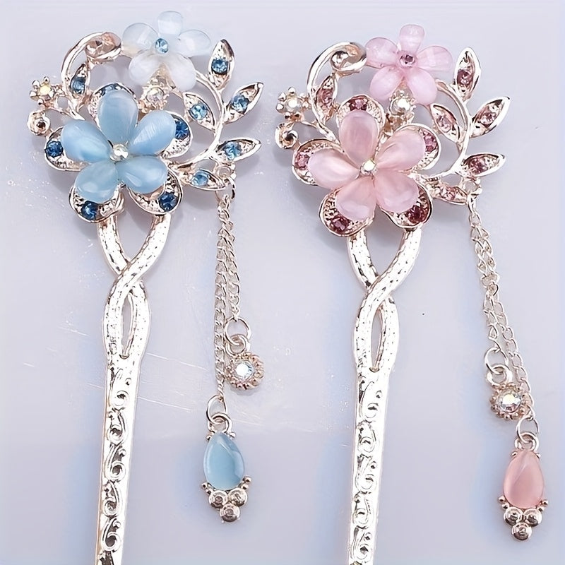 5pcs New Chinese Hairpin Step-Shaking Cat'S Eye Stone Twin Flower Classical Hairpin Bun Hair Ethnic Style Headdress - Suitable for Daily Travel, Holiday Dressing, Prom, Sending to Family And Girlfriends - Available in 4 Seasons