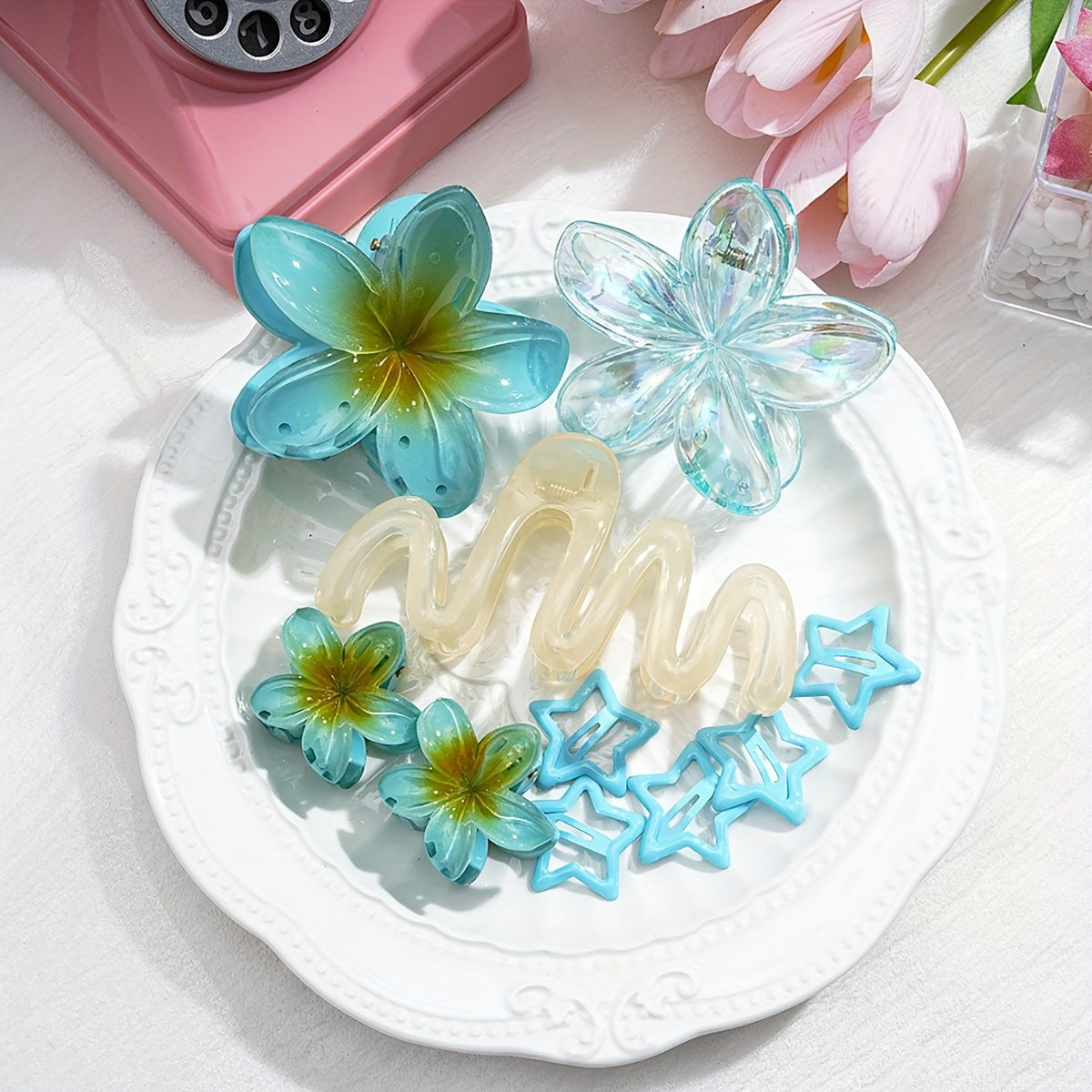 6pcs, transparent color hair clips, three plumeria combination 6pcs set, shark clip transparent color hair clips, advanced light luxury headdress plumeria hair clips, high ponytail clips