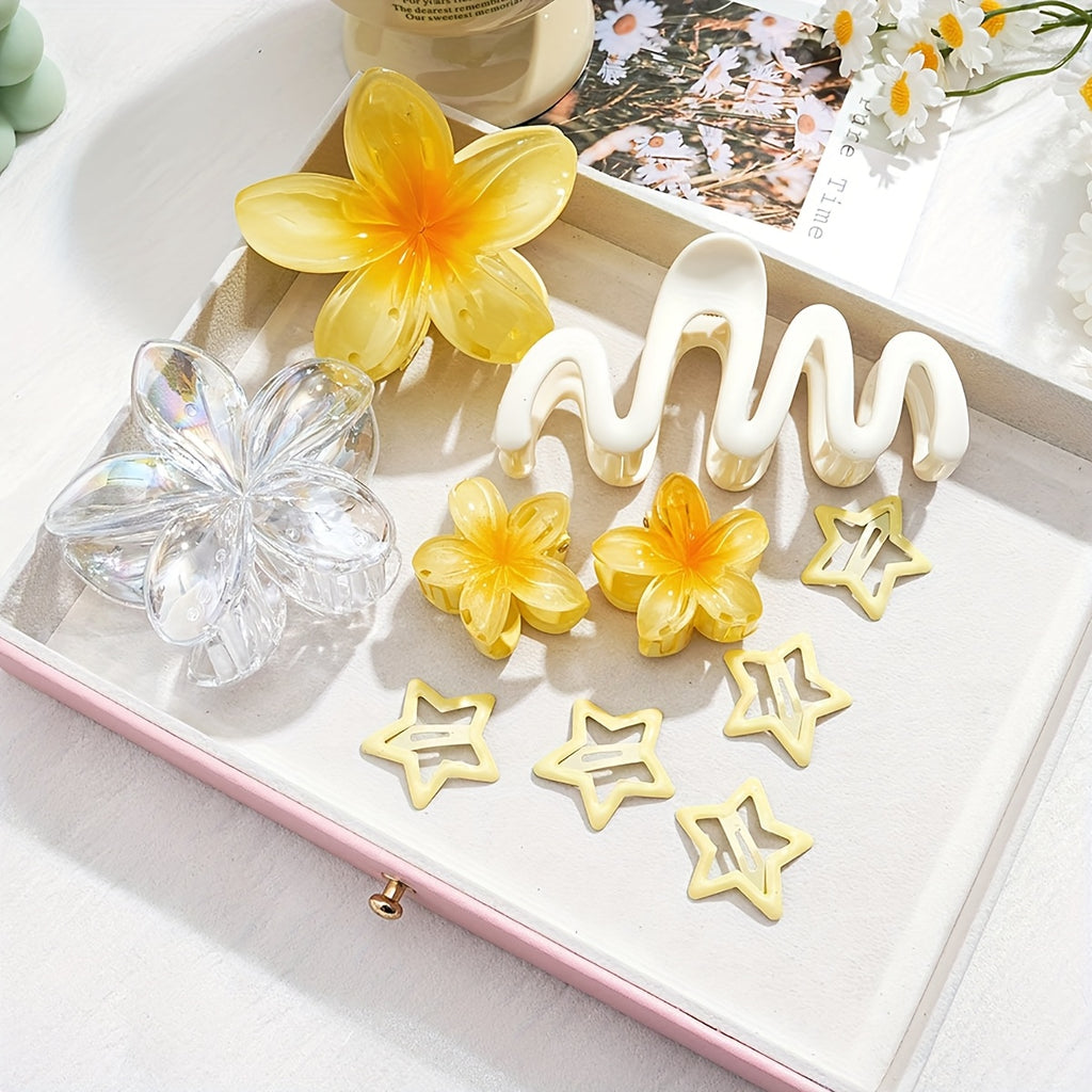 6pcs, transparent color hair clips, three plumeria combination 6pcs set, shark clip transparent color hair clips, advanced light luxury headdress plumeria hair clips, high ponytail clips