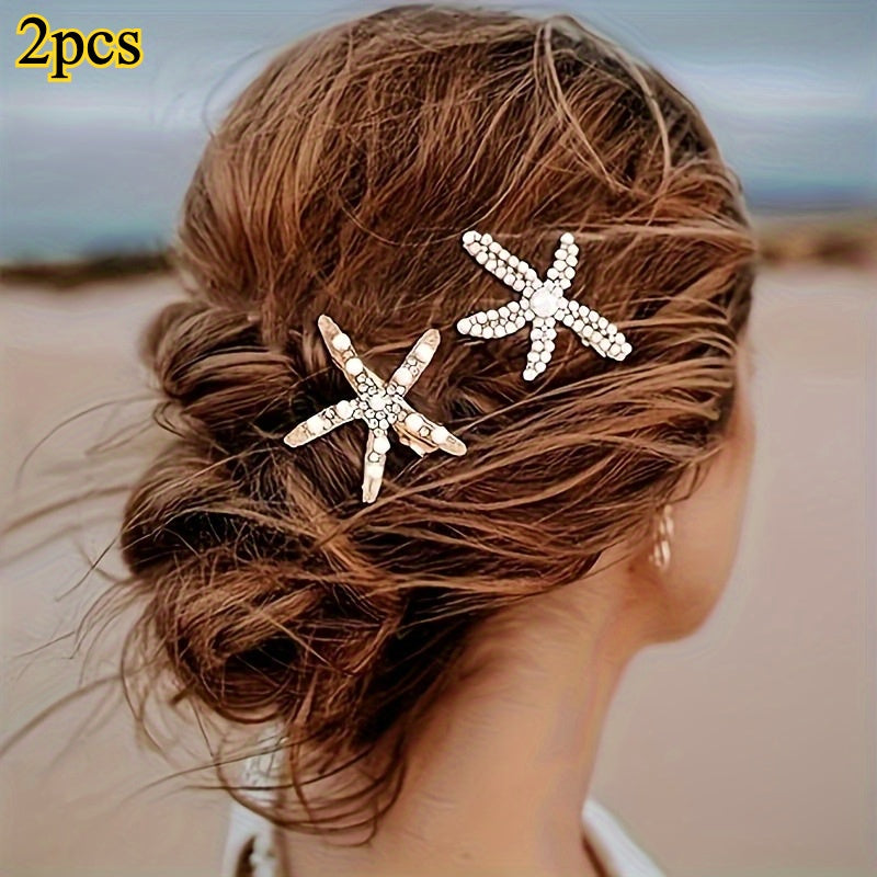 [2pcs Pearl Hair Clip] 2pcs Elegant Imitation Pearl Starfish Hair Clip Combination | Suitable for Weddings, Dates, Vacations, Daily Wear, Women's Hair Accessorie