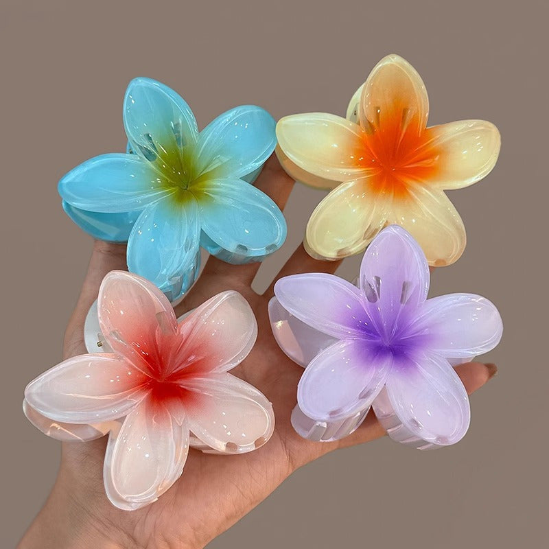 12pcs Gradient Candy Color Flower Hair Clips, 3.15inch Large Non-Slip Shark Clip for Thick Hair, Hawaiian Tropical Floral Design, Durable Plastic Hairpins for Women and s, Summer Beach Party Accessories, Hibiscus Headwear
