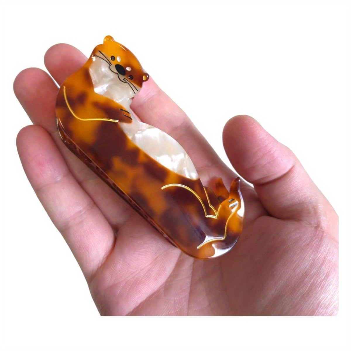 Women's Sea Otter Hair Clip - Cute Brown & Golden Retro Claw Hairpin with Non-Slip Teeth, Durable Cellulose Acetate Clip for Braids, Buns, Ponytails - Stylish Gift for Sea Otter Lovers (Brown/Black/Golden) - Perfect for Travel, Work, Everyday Use -