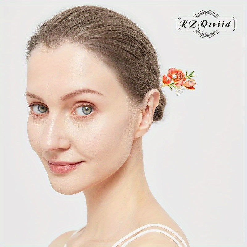 Jewelry-Grade Dunhuang Floral Hair Stick - Dual-Purpose Chinese Hair Clip & Chopsticks with Red Floral, Golden, Wedding & Everyday Hairstyle, Elegant Bridal or Personal Accessory Gift for Women