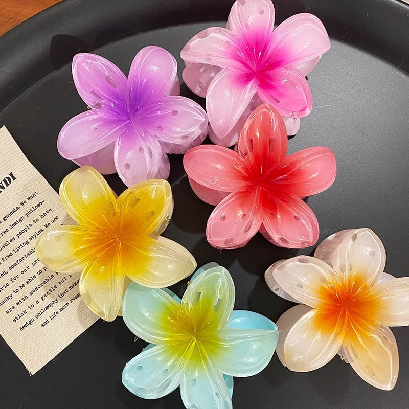 12pcs Gradient Candy Color Flower Hair Clips, 3.15inch Large Non-Slip Shark Clip for Thick Hair, Hawaiian Tropical Floral Design, Durable Plastic Hairpins for Women and s, Summer Beach Party Accessories, Hibiscus Headwear
