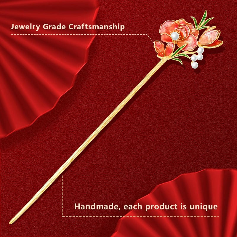 Jewelry-Grade Dunhuang Floral Hair Stick - Dual-Purpose Chinese Hair Clip & Chopsticks with Red Floral, Golden, Wedding & Everyday Hairstyle, Elegant Bridal or Personal Accessory Gift for Women