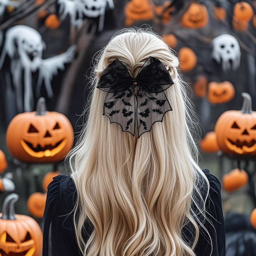3 Pairs Halloween Bat Silhouette Hair Clips - Gothic Lace Polyester Hairpins with Black Bows, Exaggerated Design for Women &, Perfect for Cosplay, Costume Parties & Casual Attire, Festive Hair Accessories for Halloween, Halloween Costume, Gothic Style,