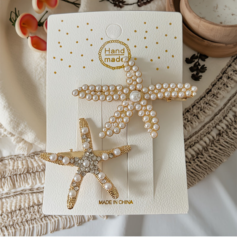 [2pcs Pearl Hair Clip] 2pcs Elegant Imitation Pearl Starfish Hair Clip Combination | Suitable for Weddings, Dates, Vacations, Daily Wear, Women's Hair Accessorie