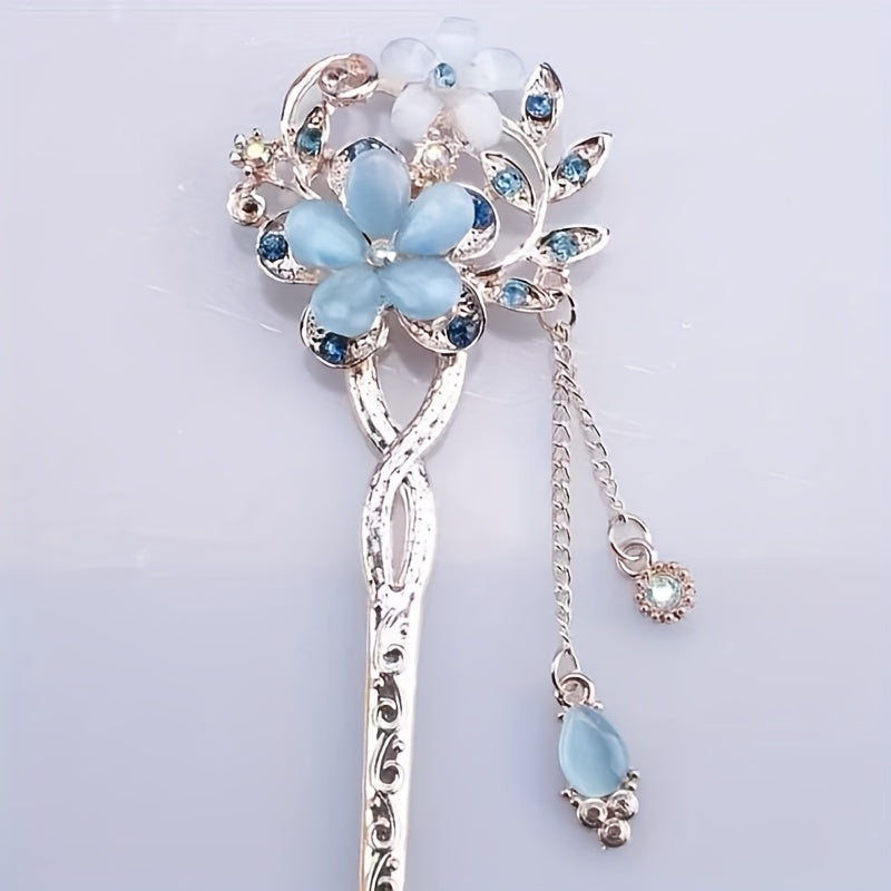 5pcs New Chinese Hairpin Step-Shaking Cat'S Eye Stone Twin Flower Classical Hairpin Bun Hair Ethnic Style Headdress - Suitable for Daily Travel, Holiday Dressing, Prom, Sending to Family And Girlfriends - Available in 4 Seasons