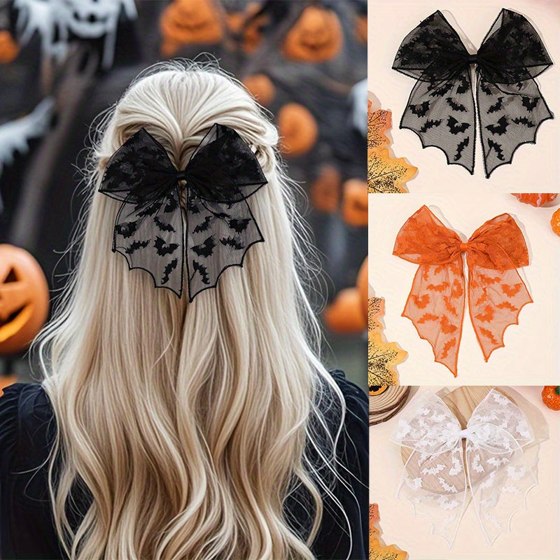 3 Pairs Halloween Bat Silhouette Hair Clips - Gothic Lace Polyester Hairpins with Black Bows, Exaggerated Design for Women &, Perfect for Cosplay, Costume Parties & Casual Attire, Festive Hair Accessories for Halloween, Halloween Costume, Gothic Style,