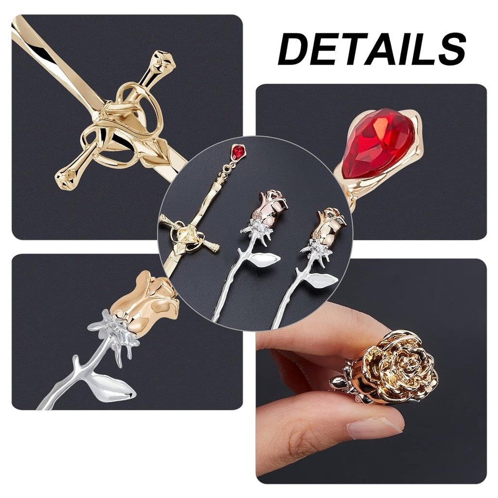 5pcs Retro Sword Hair Sticks Rose Flower Hair Pins Chopsticks Chinese Hair Sticks for Buns Hair Making Accessories Classic Hairpin for Women Craft Supplies & Stickers Handmade Set