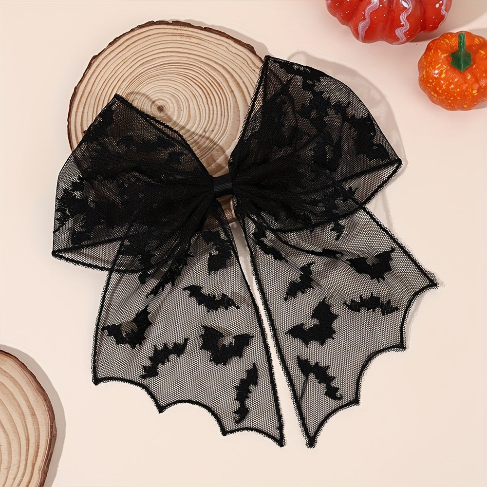 3 Pairs Halloween Bat Silhouette Hair Clips - Gothic Lace Polyester Hairpins with Black Bows, Exaggerated Design for Women &, Perfect for Cosplay, Costume Parties & Casual Attire, Festive Hair Accessories for Halloween, Halloween Costume, Gothic Style,