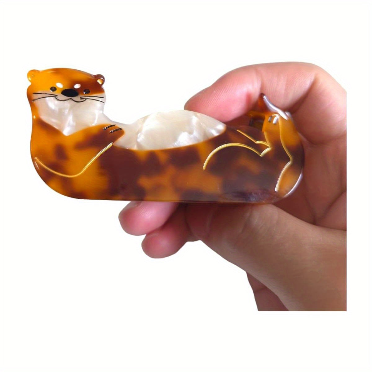 Women's Sea Otter Hair Clip - Cute Brown & Golden Retro Claw Hairpin with Non-Slip Teeth, Durable Cellulose Acetate Clip for Braids, Buns, Ponytails - Stylish Gift for Sea Otter Lovers (Brown/Black/Golden) - Perfect for Travel, Work, Everyday Use -