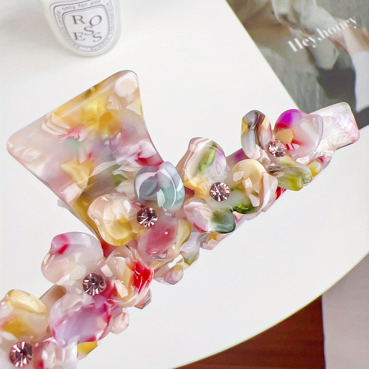 Elegant Retro Shark Clip Hair Clips for Women - Durable Plastic Hairpins with Floral & Bead Accents, Pastel Colors, Secure Hold for Updos, Ponytails, Braids - Perfect for Teens & Adults
