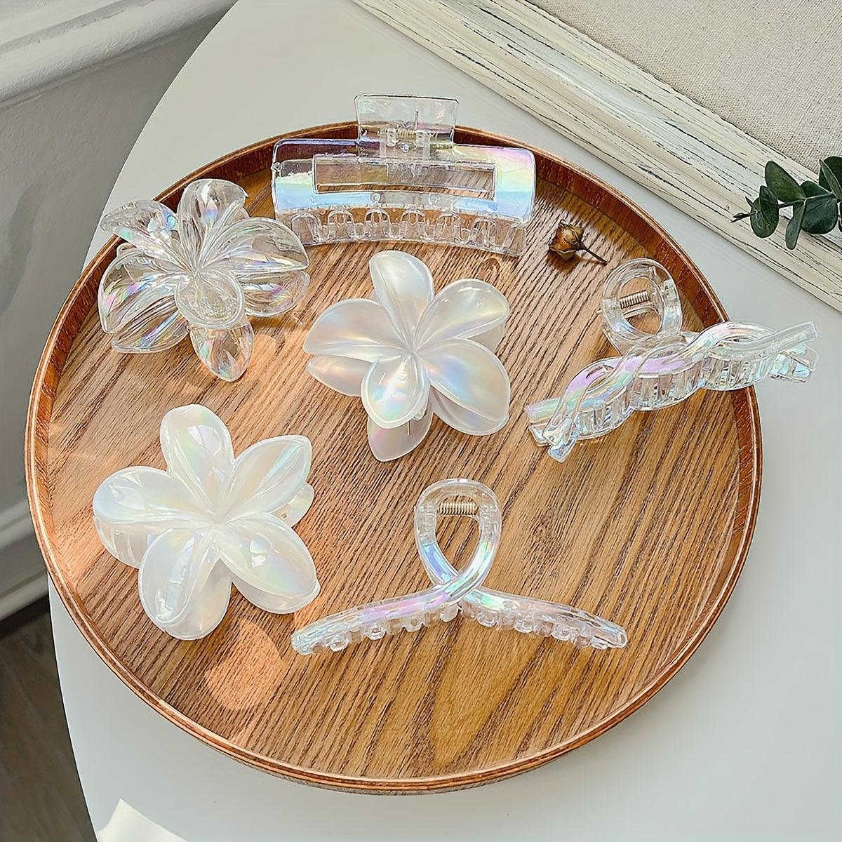 6pcs, transparent color hair clips, three plumeria combination 6pcs set, shark clip transparent color hair clips, advanced light luxury headdress plumeria hair clips, high ponytail clips
