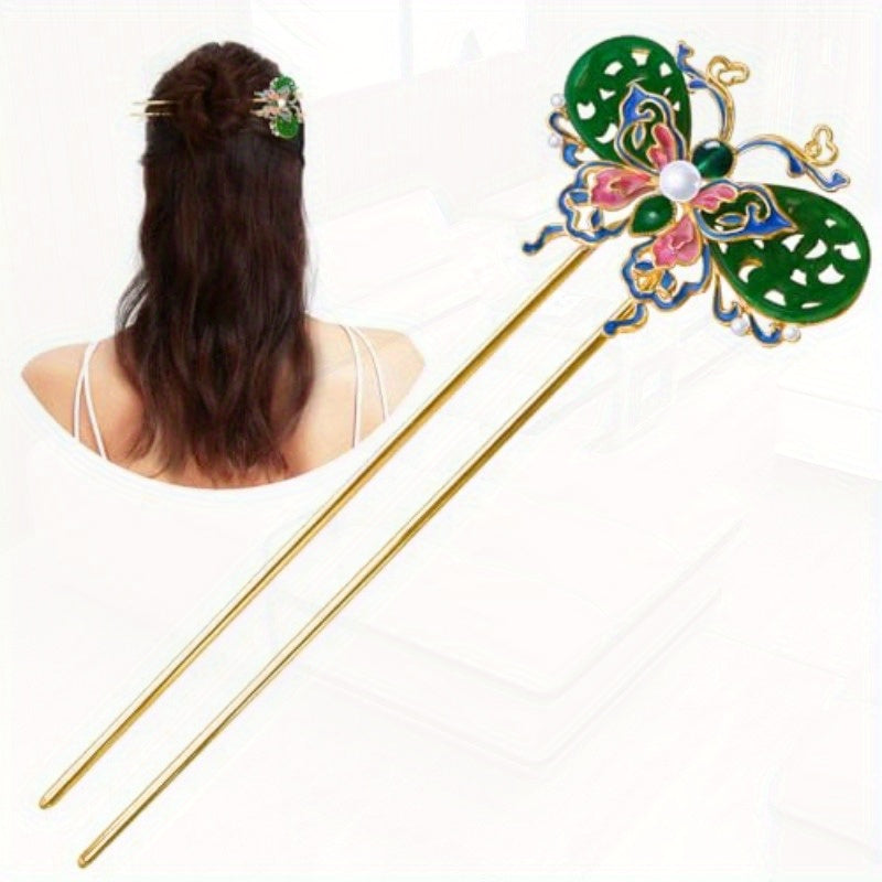 Hair Accessories 14k Gold Plated Copper Vintage Handcrafted Colour Enamels Jade Butterfly UShape Hair Stick And HairClip. Hair Chopsticks for Women, Hair Styling Tools, Bridal Hairpieces, Elegant Hair Clip, Decorative Hairpiece, Handcrafted Jewelry,