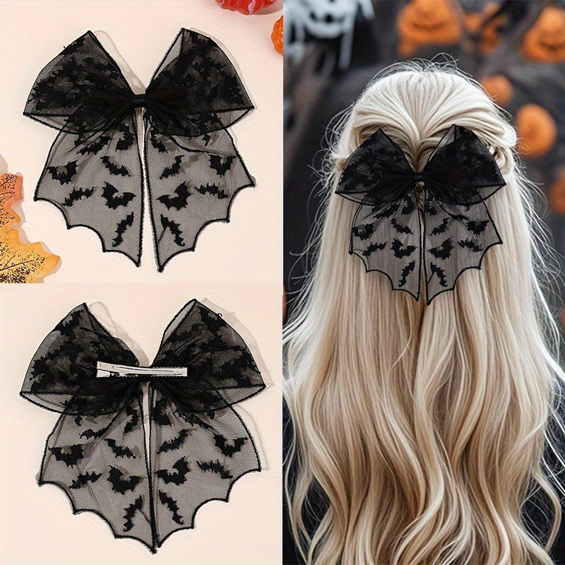 3 Pairs Halloween Bat Silhouette Hair Clips - Gothic Lace Polyester Hairpins with Black Bows, Exaggerated Design for Women &, Perfect for Cosplay, Costume Parties & Casual Attire, Festive Hair Accessories for Halloween, Halloween Costume, Gothic Style,