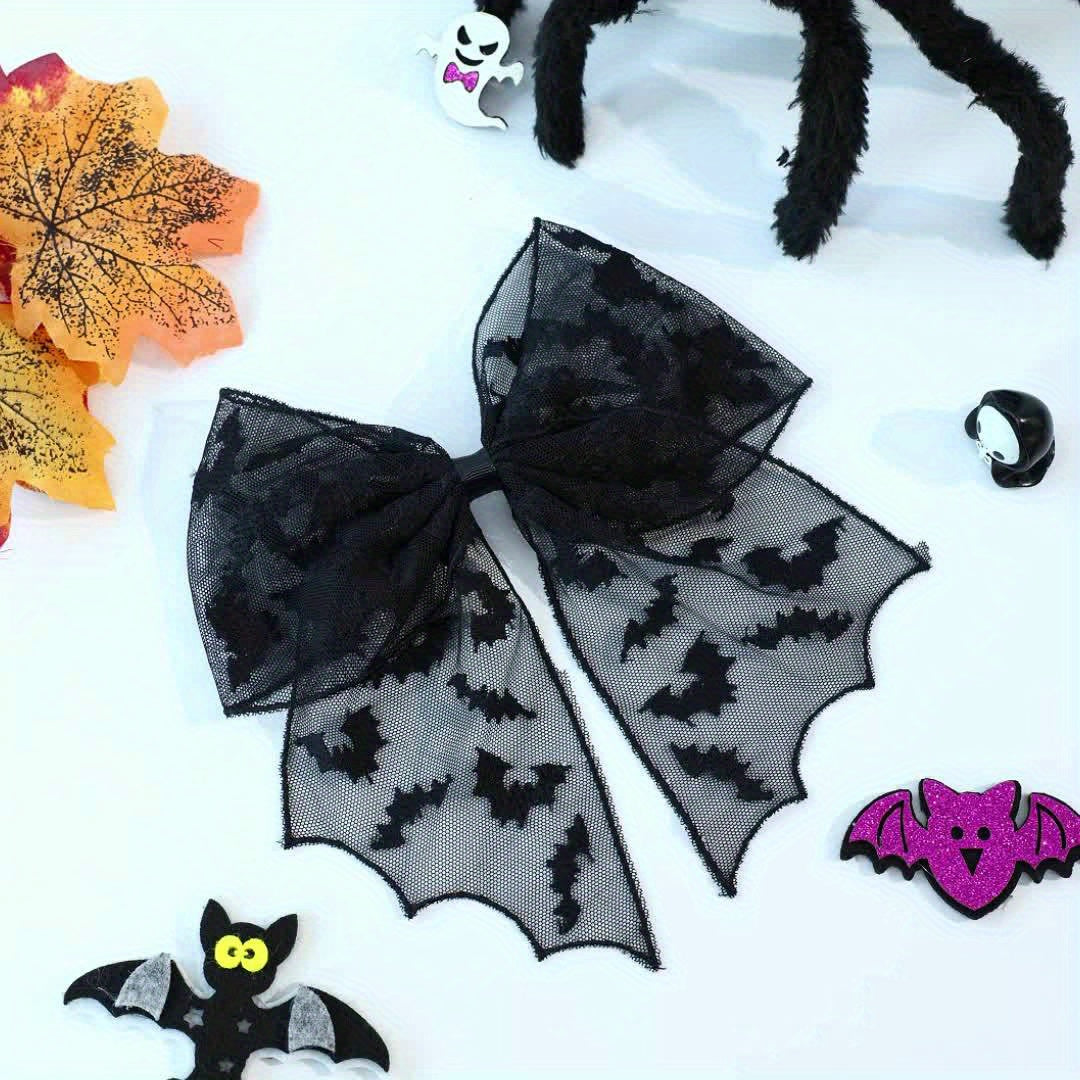 3 Pairs Halloween Bat Silhouette Hair Clips - Gothic Lace Polyester Hairpins with Black Bows, Exaggerated Design for Women &, Perfect for Cosplay, Costume Parties & Casual Attire, Festive Hair Accessories for Halloween, Halloween Costume, Gothic Style,