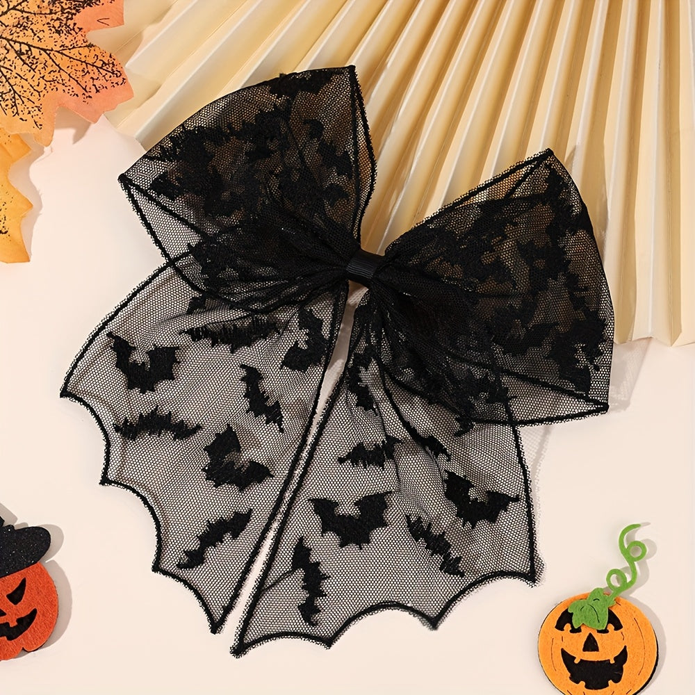 3 Pairs Halloween Bat Silhouette Hair Clips - Gothic Lace Polyester Hairpins with Black Bows, Exaggerated Design for Women &, Perfect for Cosplay, Costume Parties & Casual Attire, Festive Hair Accessories for Halloween, Halloween Costume, Gothic Style,