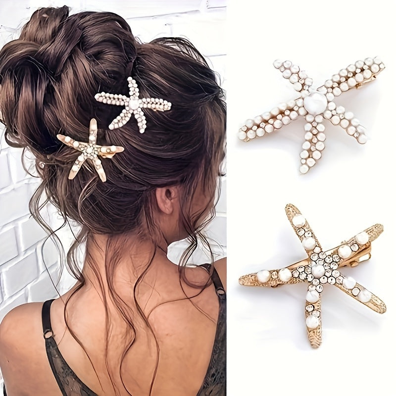[2pcs Pearl Hair Clip] 2pcs Elegant Imitation Pearl Starfish Hair Clip Combination | Suitable for Weddings, Dates, Vacations, Daily Wear, Women's Hair Accessorie