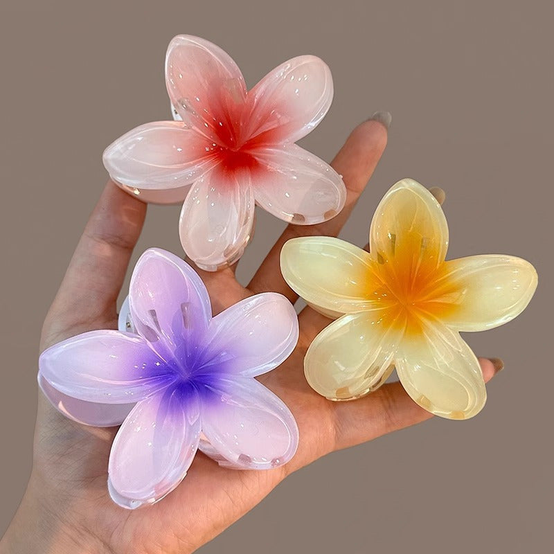 12pcs Gradient Candy Color Flower Hair Clips, 3.15inch Large Non-Slip Shark Clip for Thick Hair, Hawaiian Tropical Floral Design, Durable Plastic Hairpins for Women and s, Summer Beach Party Accessories, Hibiscus Headwear