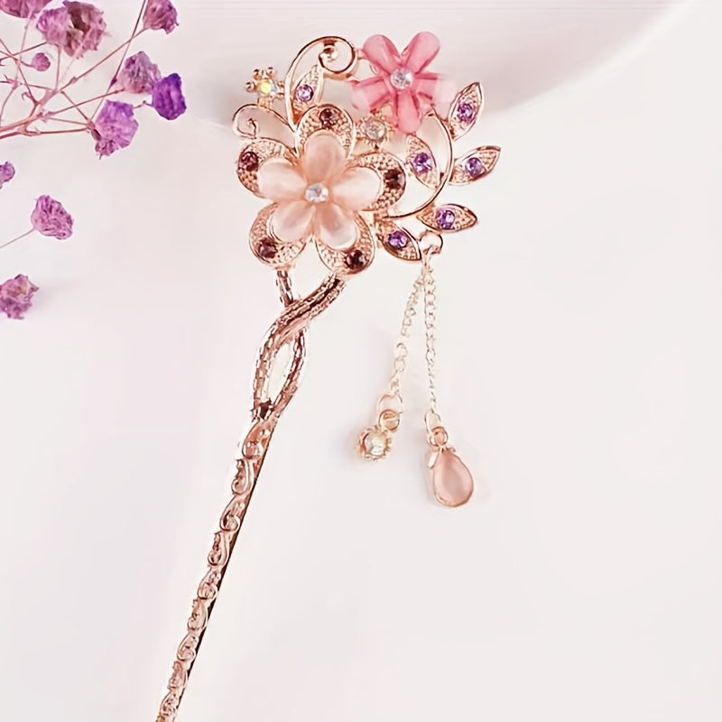 5pcs New Chinese Hairpin Step-Shaking Cat'S Eye Stone Twin Flower Classical Hairpin Bun Hair Ethnic Style Headdress - Suitable for Daily Travel, Holiday Dressing, Prom, Sending to Family And Girlfriends - Available in 4 Seasons