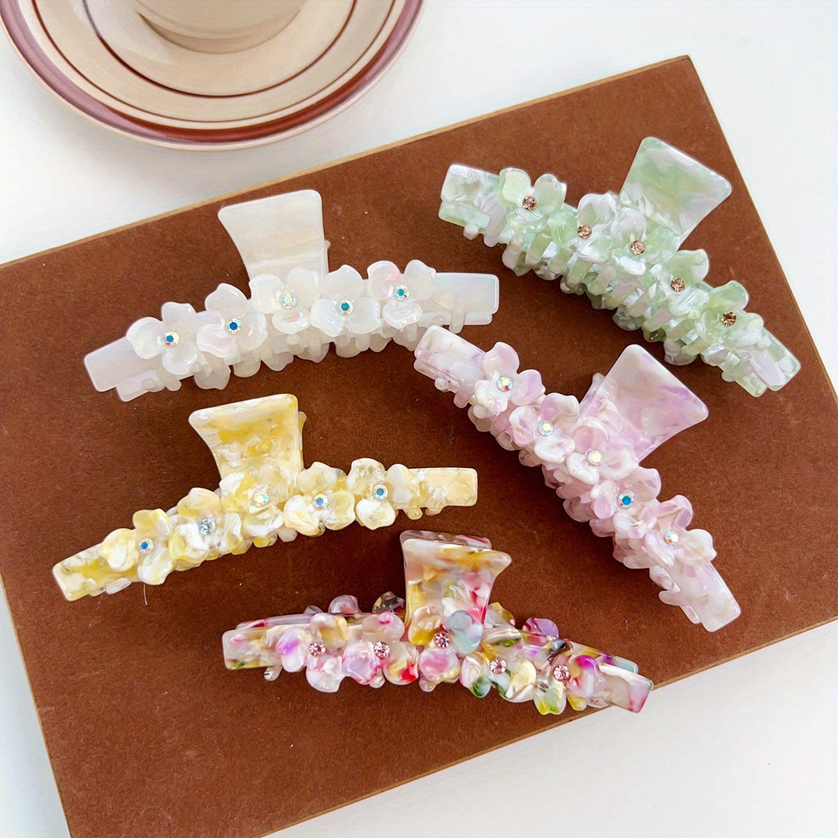 Elegant Retro Shark Clip Hair Clips for Women - Durable Plastic Hairpins with Floral & Bead Accents, Pastel Colors, Secure Hold for Updos, Ponytails, Braids - Perfect for Teens & Adults