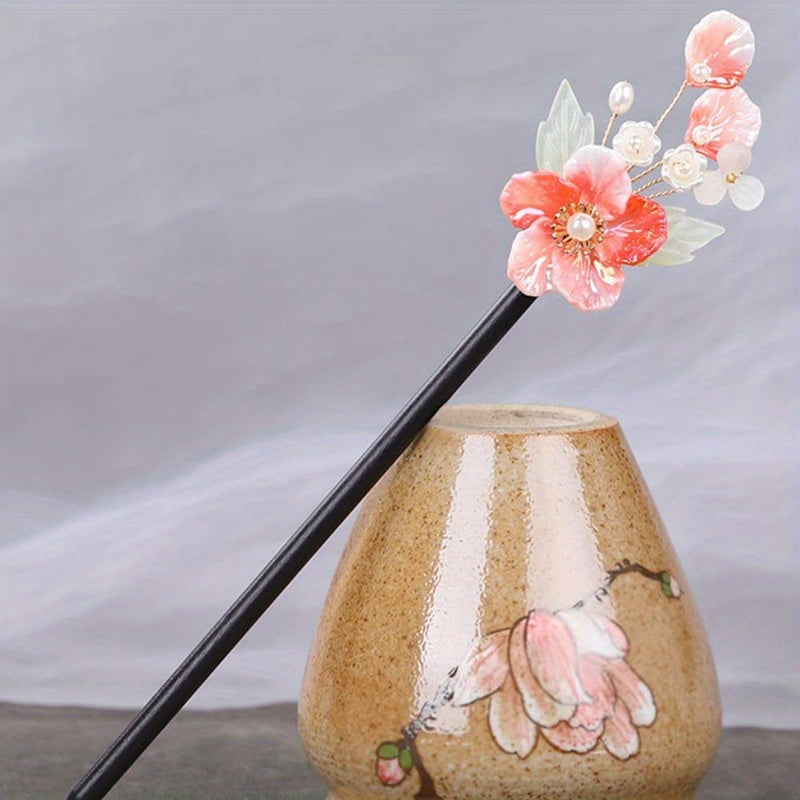 2pcs Handmade Chinese Style Hair Sticks with Floral Tassels - 8.26" Retro Elegant Hairpins for Women's Long Hair, Wedding & Everyday Hair Accessories, Non-Slip Durable Wood & Plastic, Pink/White Flower Decor with Green Leaves, Gift Box Included