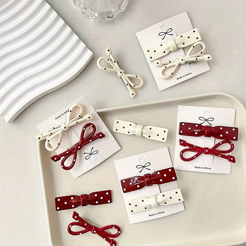 24pcs Assorted Colors Red, White, and Beige Polka Dot Bow Hair Clips - Vintage Style Plastic Barrettes for Styling and Fashion, Hair Accessories