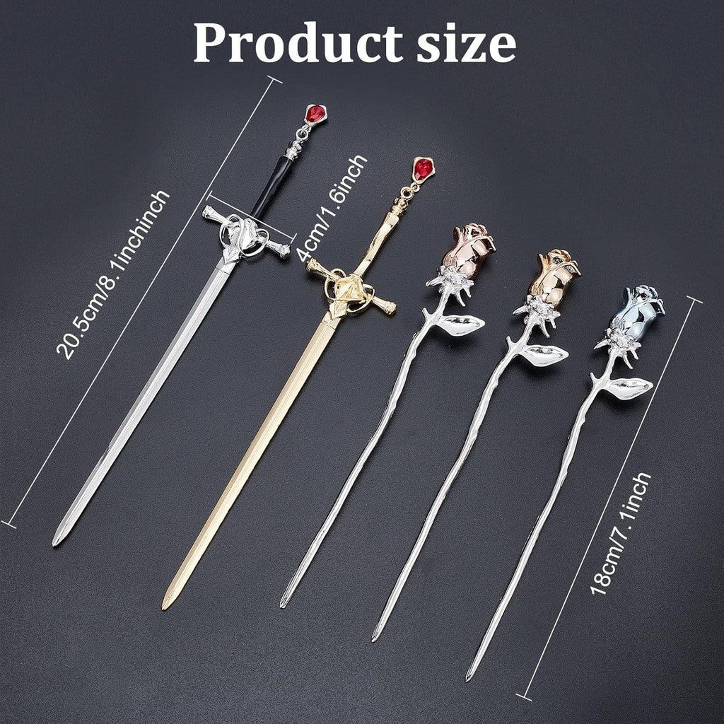 5pcs Retro Sword Hair Sticks Rose Flower Hair Pins Chopsticks Chinese Hair Sticks for Buns Hair Making Accessories Classic Hairpin for Women Craft Supplies & Stickers Handmade Set