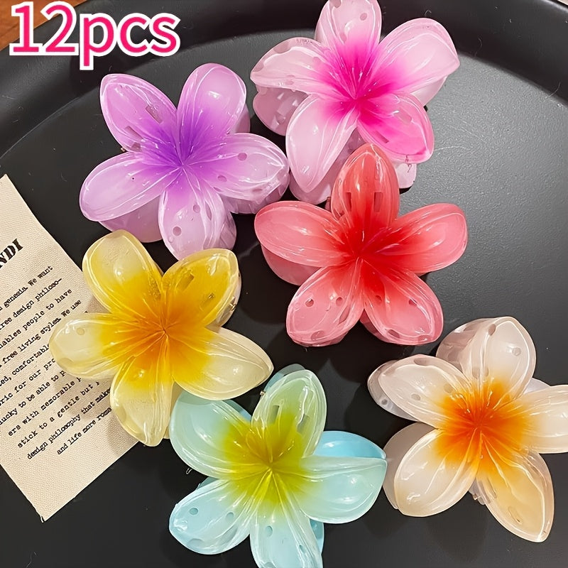 12pcs Gradient Candy Color Flower Hair Clips, 3.15inch Large Non-Slip Shark Clip for Thick Hair, Hawaiian Tropical Floral Design, Durable Plastic Hairpins for Women and s, Summer Beach Party Accessories, Hibiscus Headwear