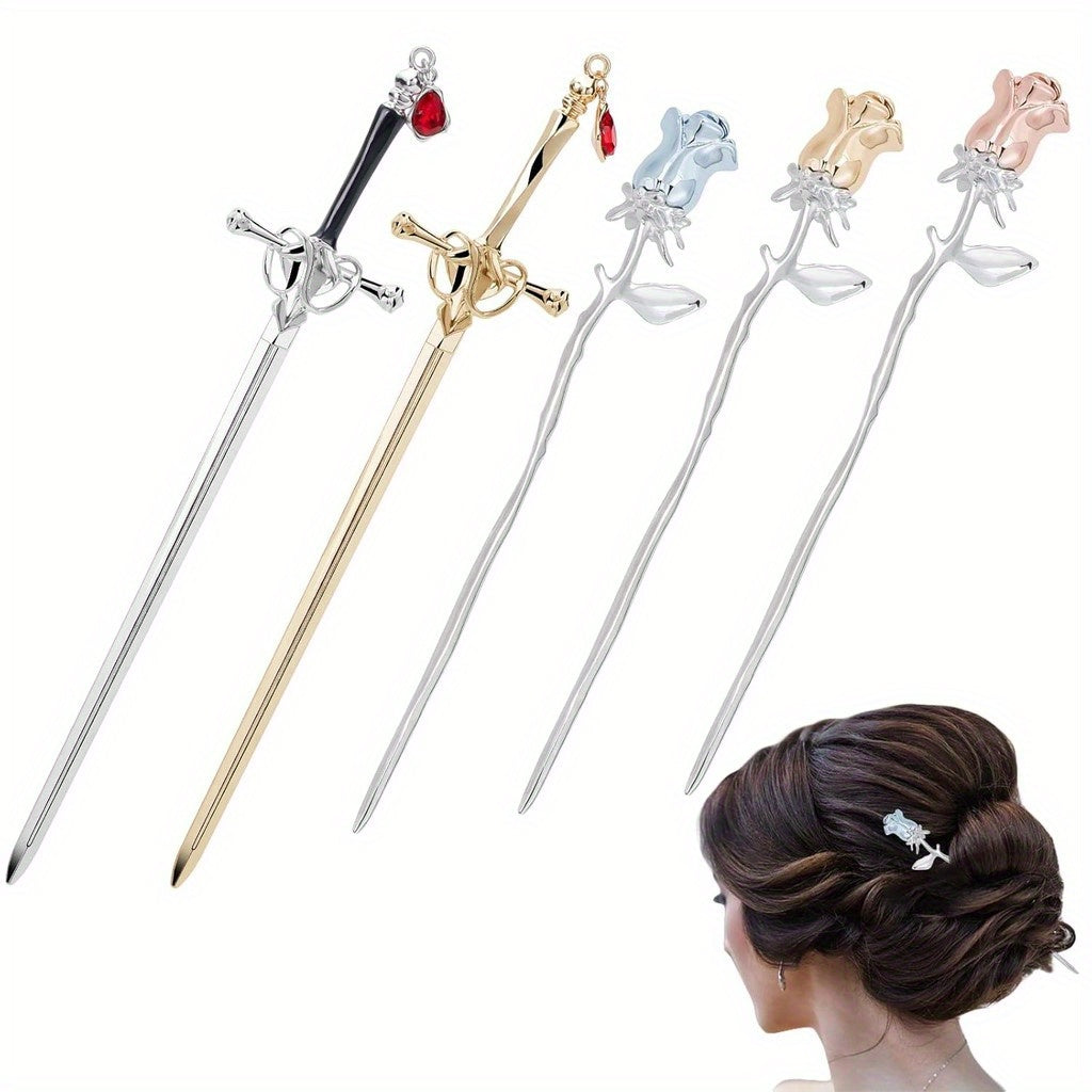 5pcs Retro Sword Hair Sticks Rose Flower Hair Pins Chopsticks Chinese Hair Sticks for Buns Hair Making Accessories Classic Hairpin for Women Craft Supplies & Stickers Handmade Set