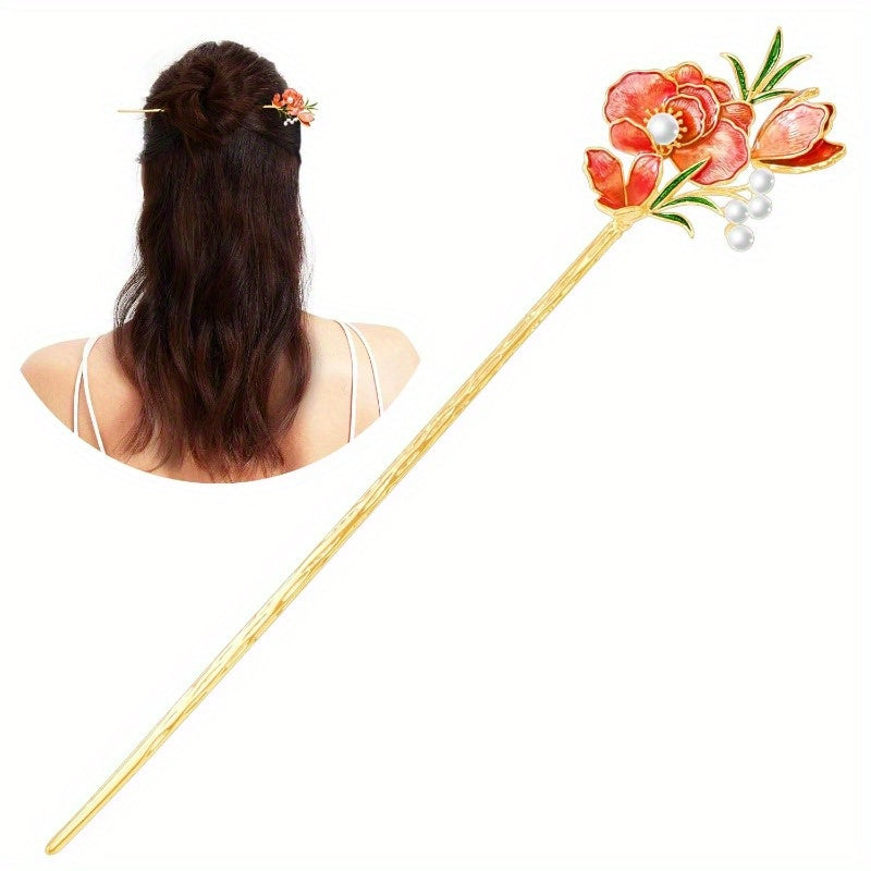 Jewelry-Grade Dunhuang Floral Hair Stick - Dual-Purpose Chinese Hair Clip & Chopsticks with Red Floral, Golden, Wedding & Everyday Hairstyle, Elegant Bridal or Personal Accessory Gift for Women