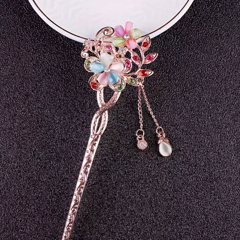 5pcs New Chinese Hairpin Step-Shaking Cat'S Eye Stone Twin Flower Classical Hairpin Bun Hair Ethnic Style Headdress - Suitable for Daily Travel, Holiday Dressing, Prom, Sending to Family And Girlfriends - Available in 4 Seasons