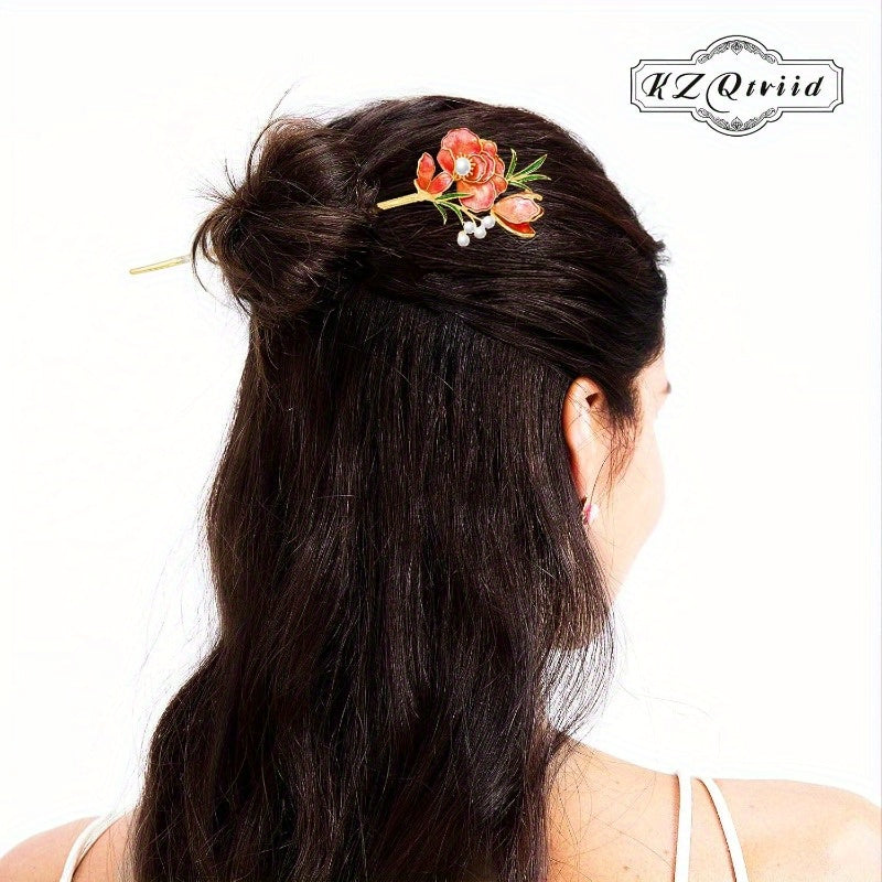 Jewelry-Grade Dunhuang Floral Hair Stick - Dual-Purpose Chinese Hair Clip & Chopsticks with Red Floral, Golden, Wedding & Everyday Hairstyle, Elegant Bridal or Personal Accessory Gift for Women