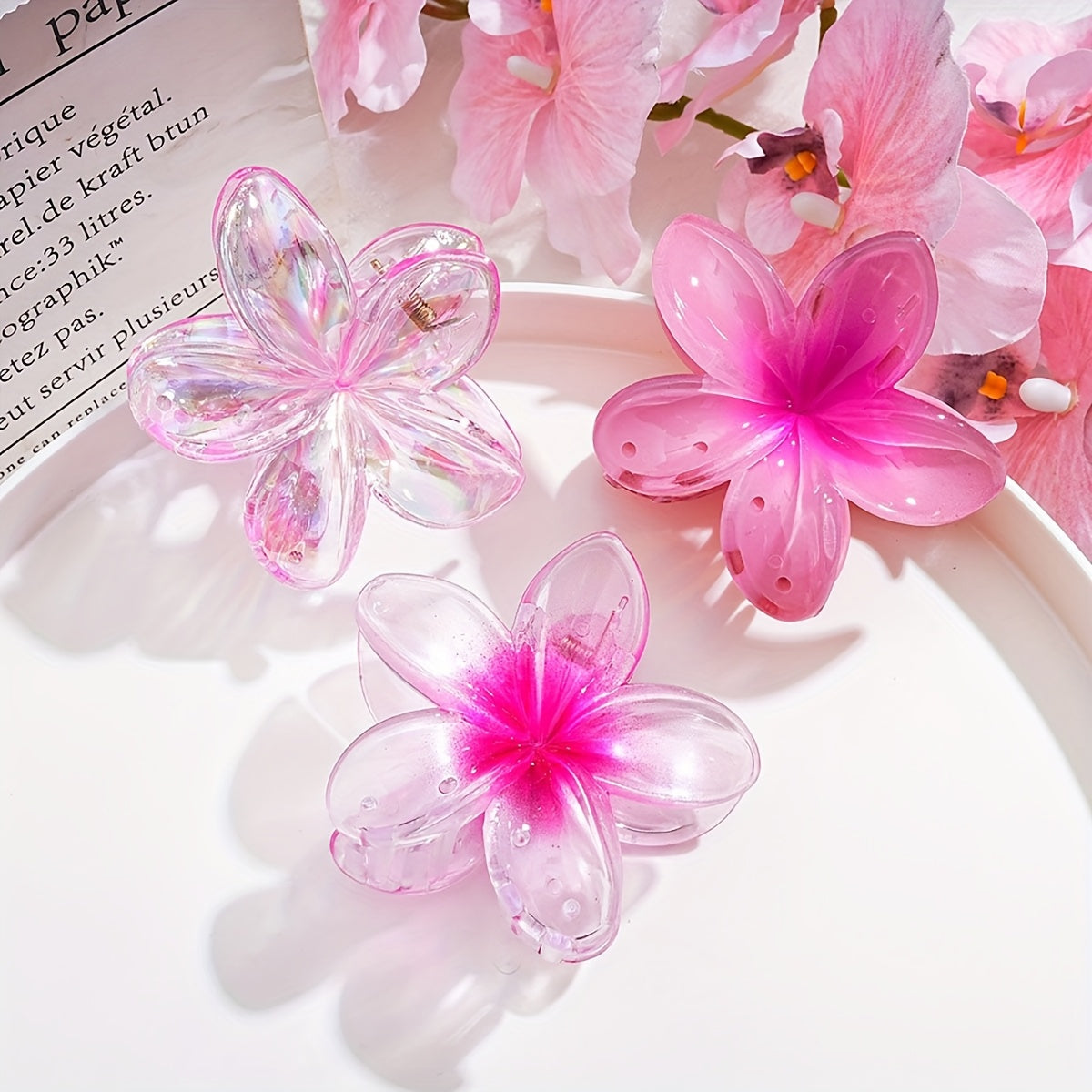 6pcs, transparent color hair clips, three plumeria combination 6pcs set, shark clip transparent color hair clips, advanced light luxury headdress plumeria hair clips, high ponytail clips
