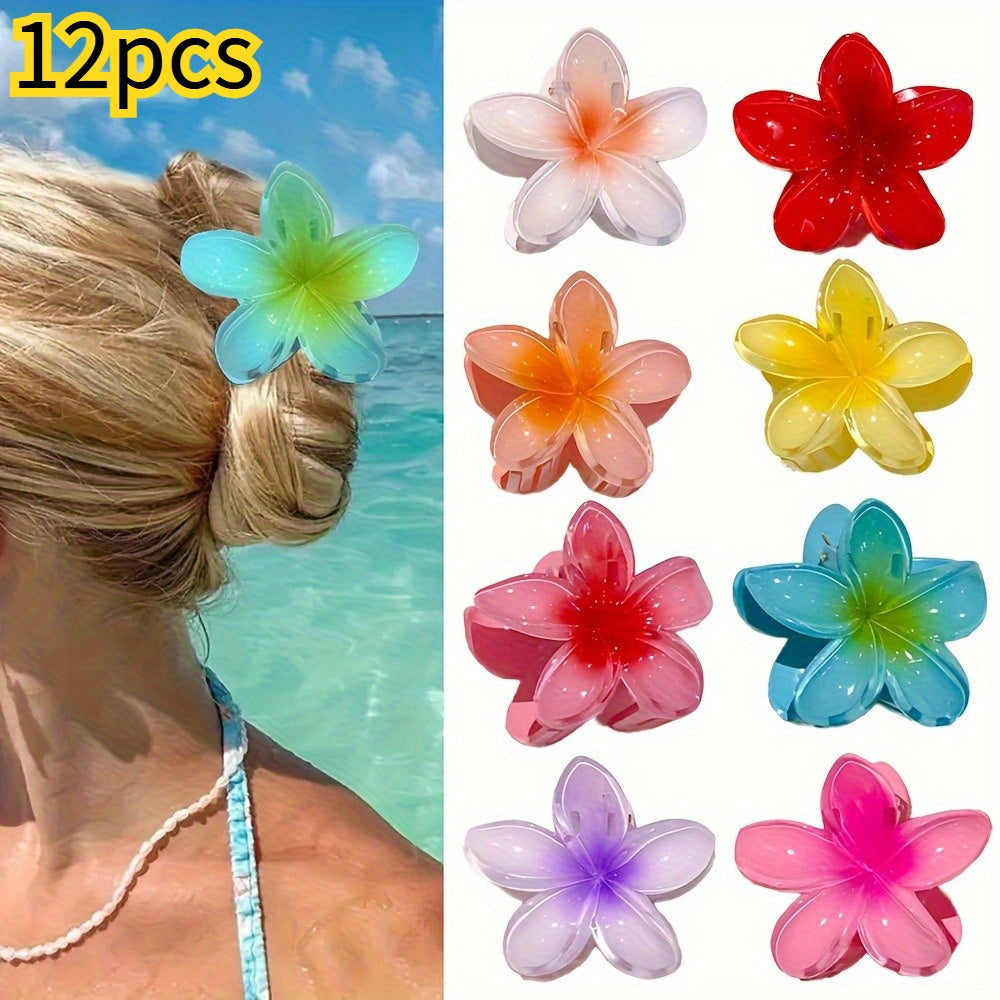 12pcs Gradient Candy Color Flower Hair Clips, 3.15inch Large Non-Slip Shark Clip for Thick Hair, Hawaiian Tropical Floral Design, Durable Plastic Hairpins for Women and s, Summer Beach Party Accessories, Hibiscus Headwear